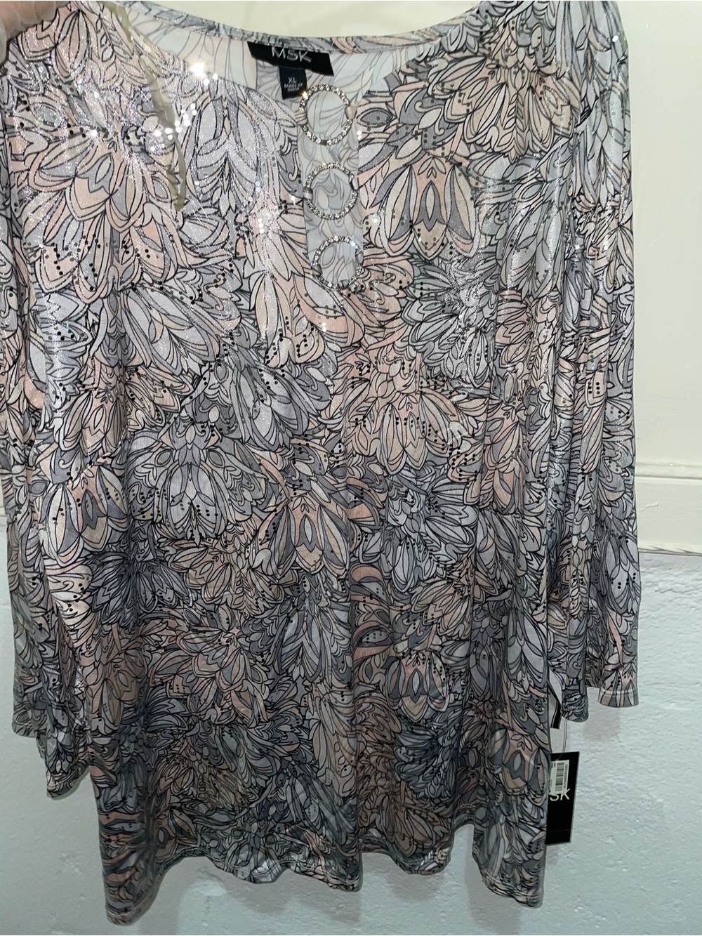 MSK Floral Shimmer Tunic Blouse Rhinestone O-Ring Keyhole Neck - XL